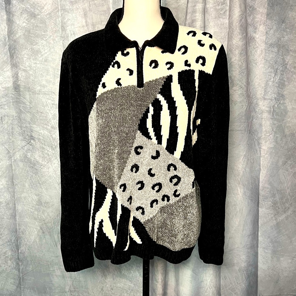 Alfred Dunner Vintage Zebra Gray, Black and White 1/4 Zip Collared Sweater